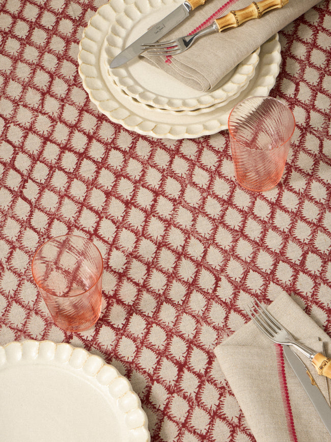 Chamois - Cypress Block-Printed Linen Rectangular Tablecloth (138in/3.5m) - Multiple - ABASK