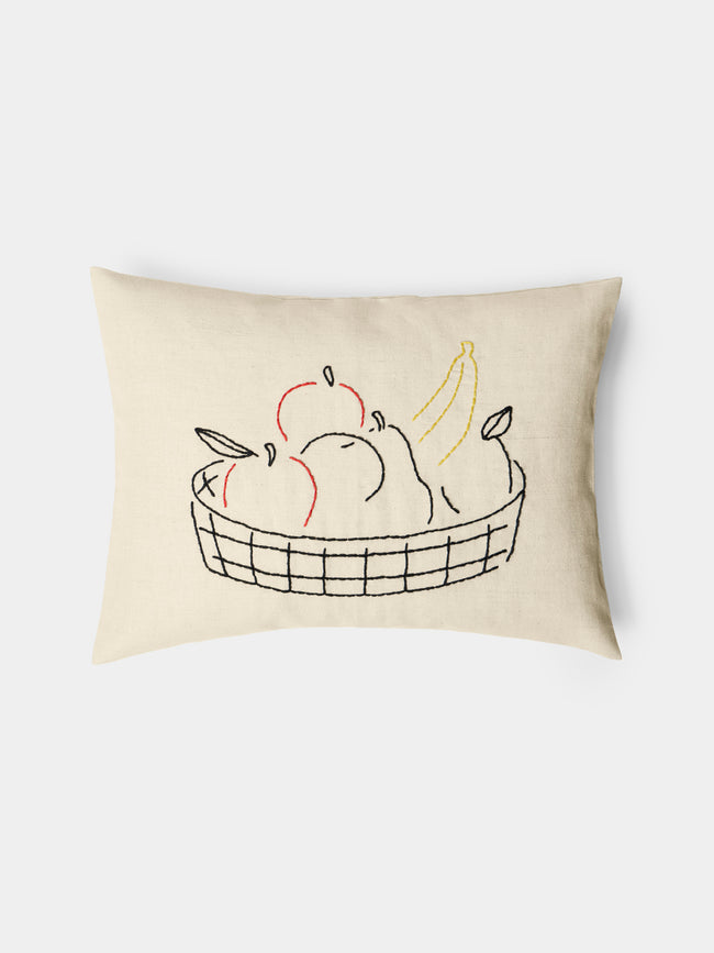 Oeuvres Sensibles - Fruit Bowl Hand-Embroidered Cotton and Hemp Linen Cushion (15.5in/40cm) - Cream - ABASK - 