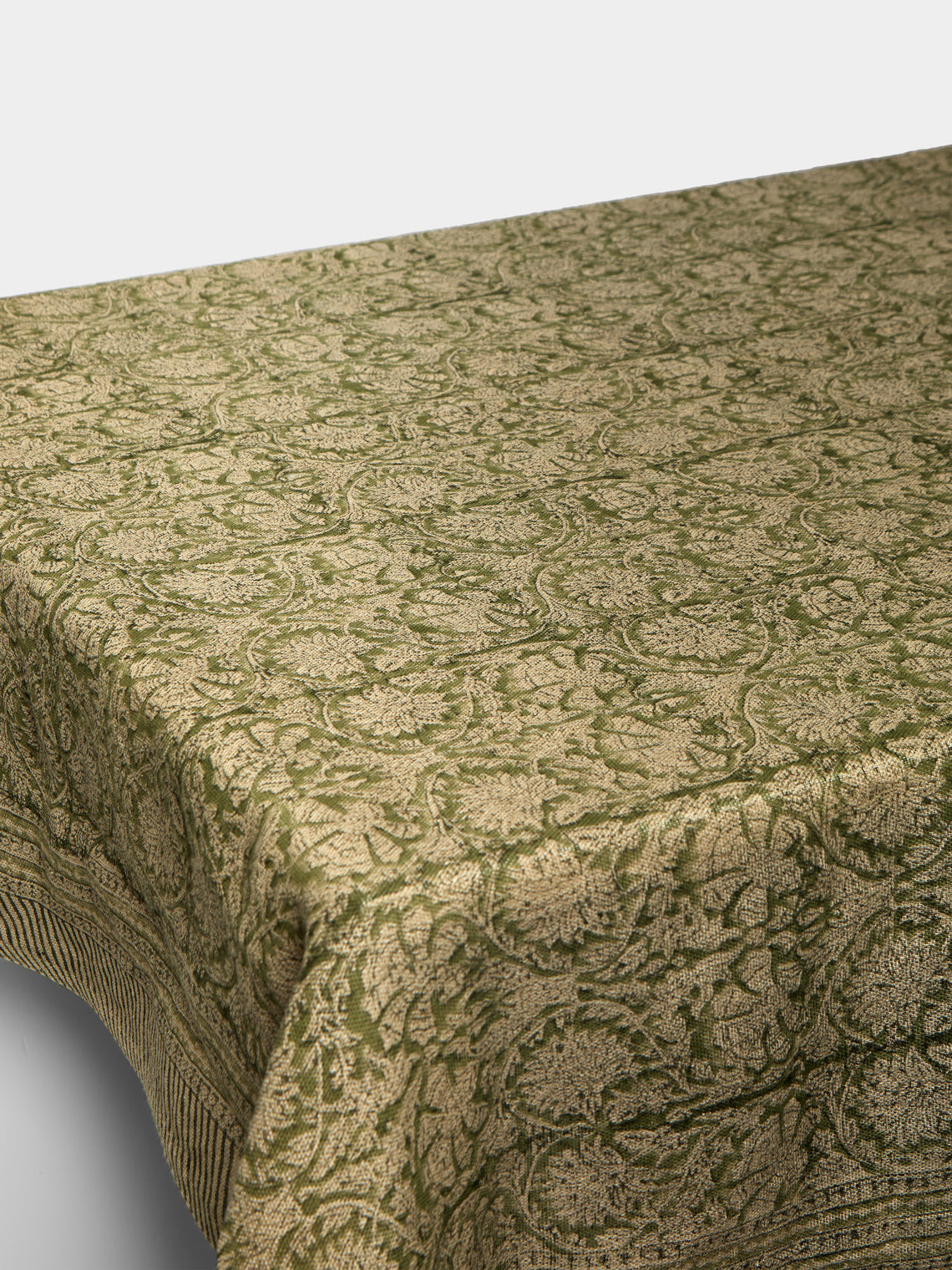 Chamois - Paradise Block-Printed Linen Rectangular Tablecloth (90.5in/2.3m) - Green - ABASK