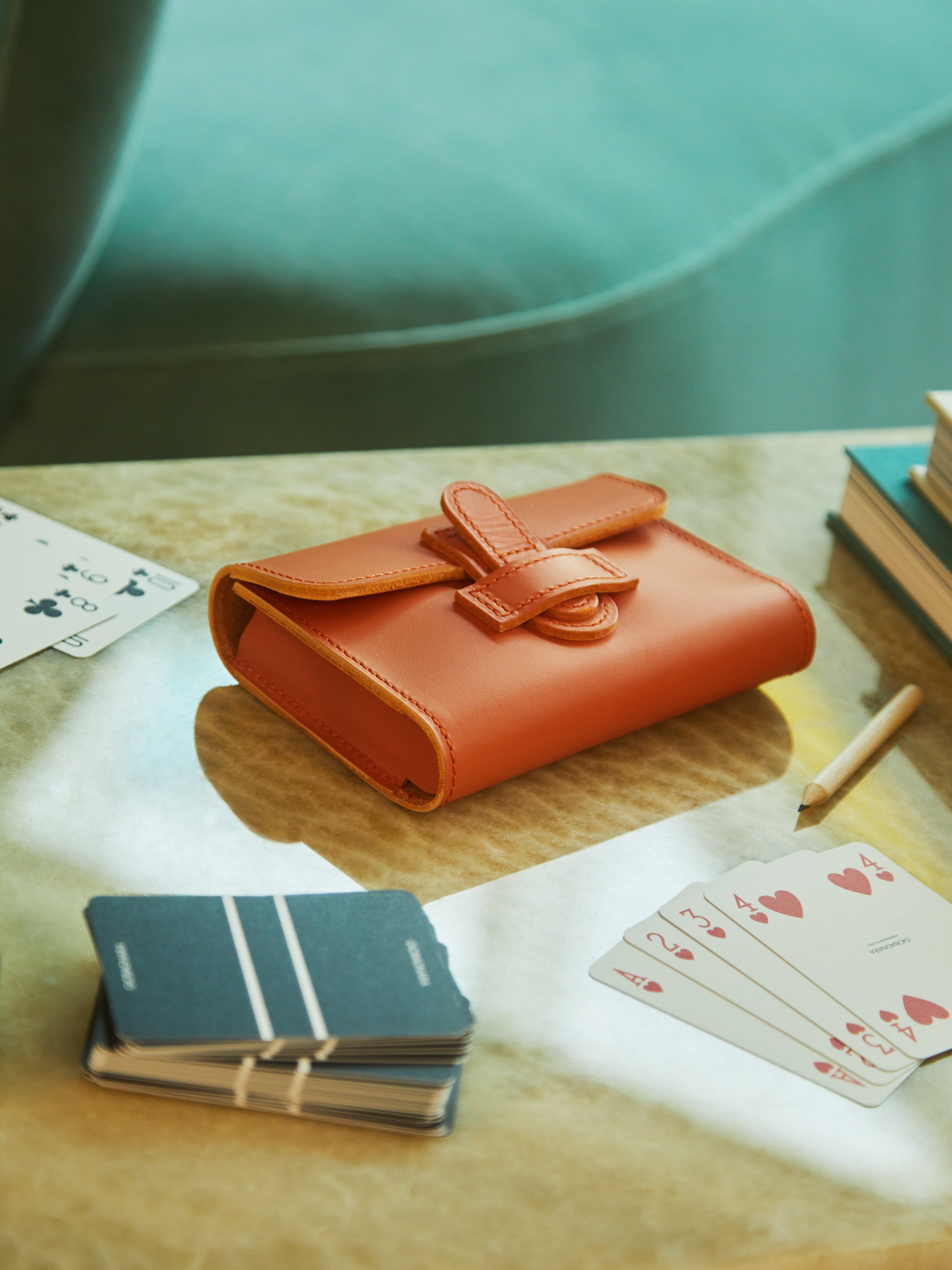 Orange Passepartout Leather Playing Cards Set by Rabitti 1969