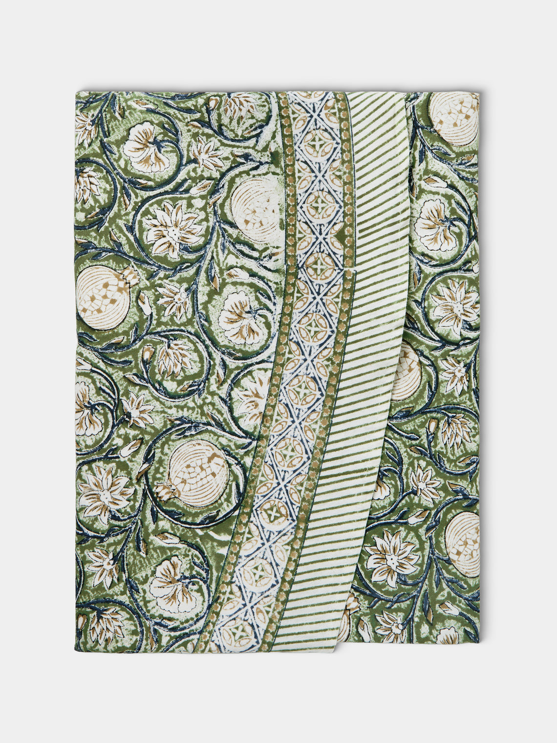 Chamois - Tangier Pomegranate Block-Printed Cotton Round Tablecloth (86.5in/2.2m) - Green - ABASK