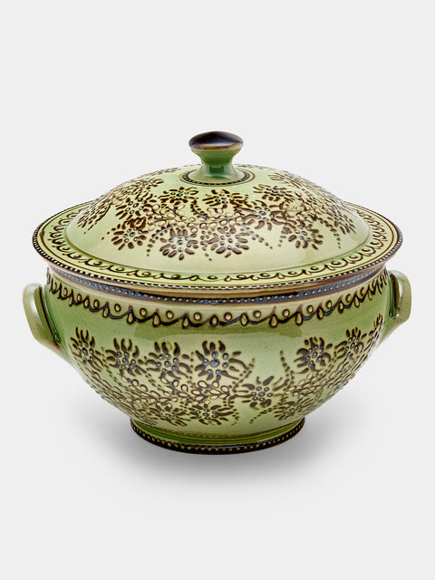 Poterie d’Évires - Flowers Hand-Painted Ceramic Small Lidded Vegetable Dish - Green - ABASK - 