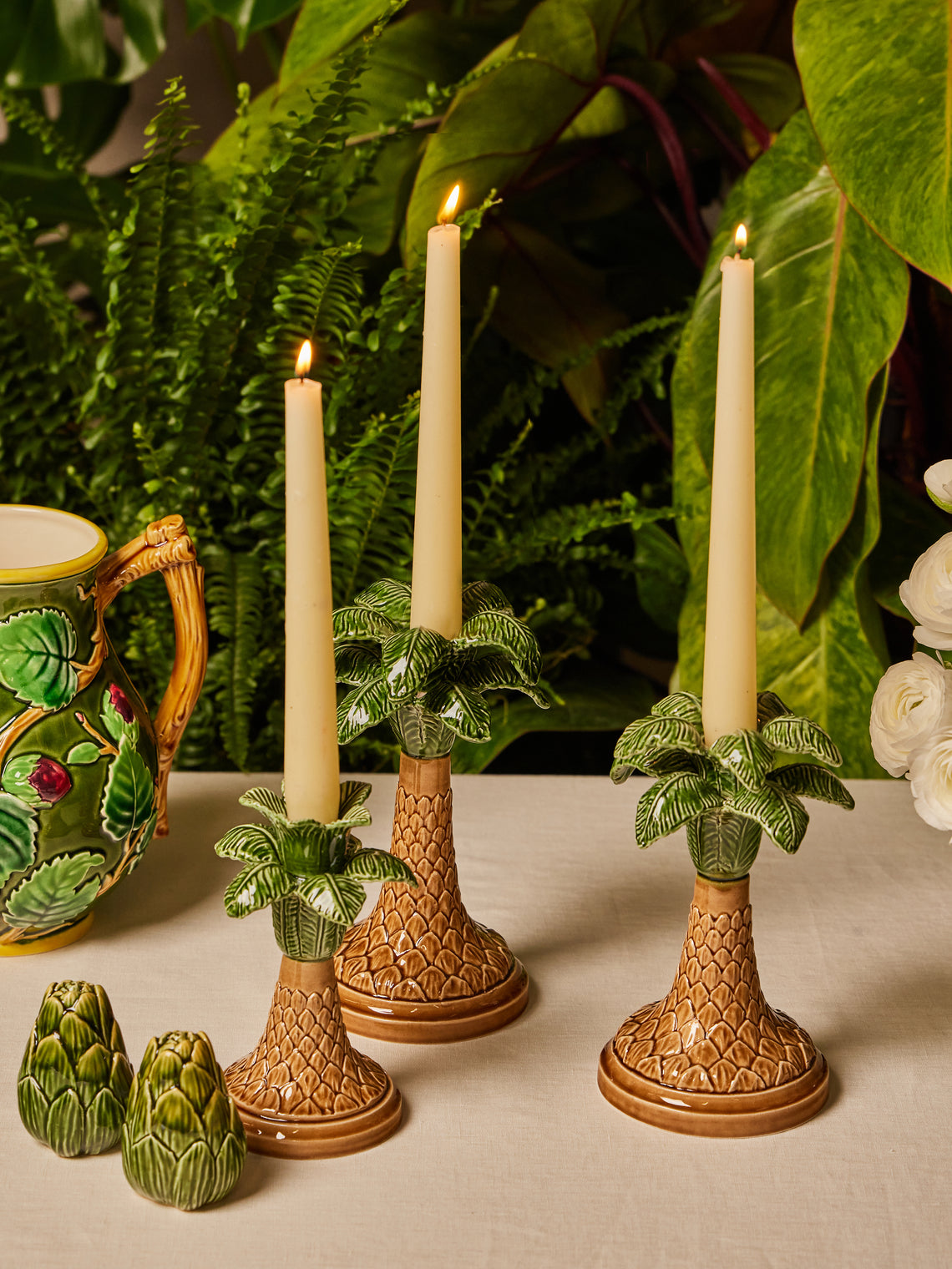 Verdolini - Palm Tree Hand-Painted Majolica Ceramic Candle Holders (Set of 3) - Green - ABASK