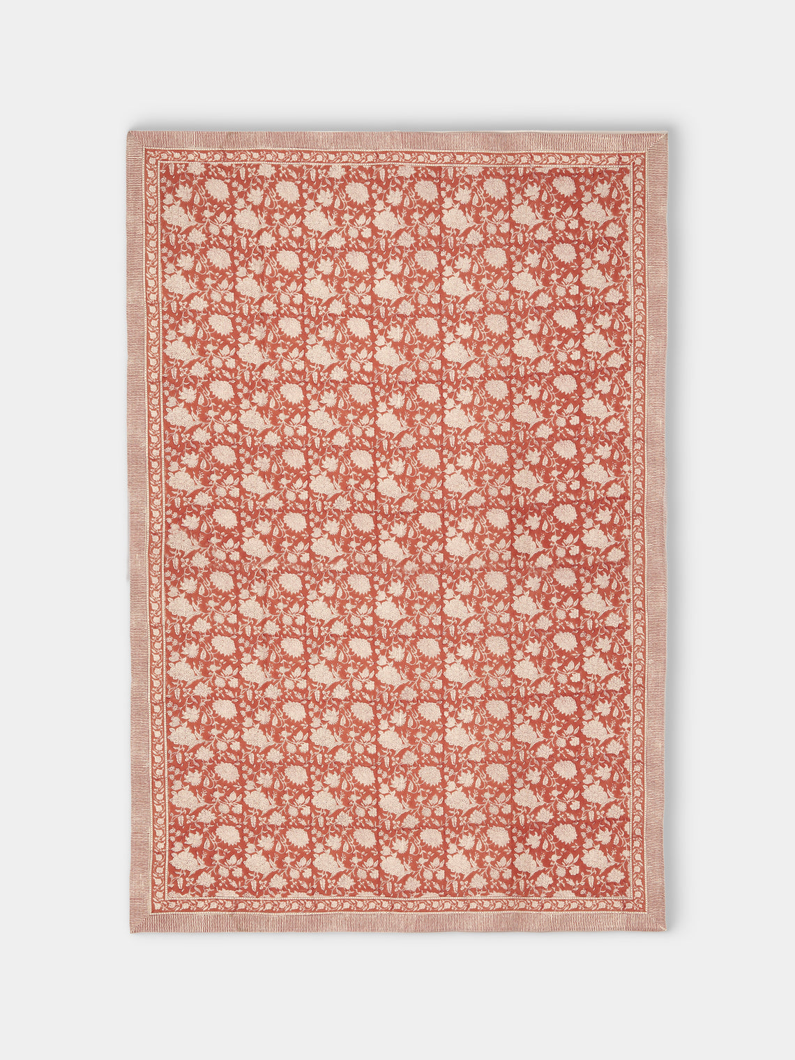 Chamois - Parrot Block-Printed Linen Rectangular Tablecloth (138in/3.5m) - Red - ABASK