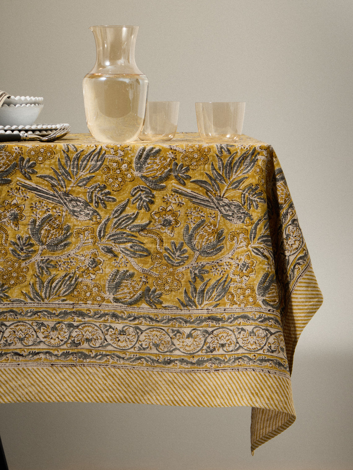 Chamois - Parrot Block-Printed Linen Rectangular Tablecloth (138in/3.5m) - Multiple - ABASK