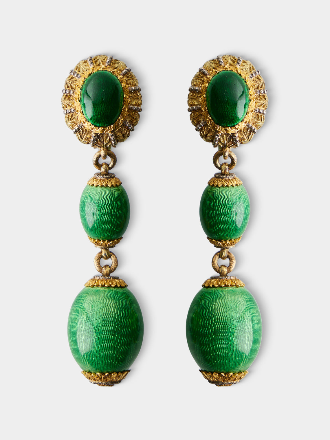 Mahnaz Collection - Vintage 18-Karat Gold Guilloché Enamel Drop Earrings - Green - ABASK - 