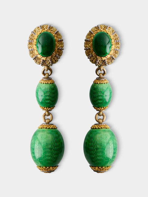 Mahnaz Collection - Vintage 18-Karat Gold Guilloché Enamel Drop Earrings - Green - ABASK - 