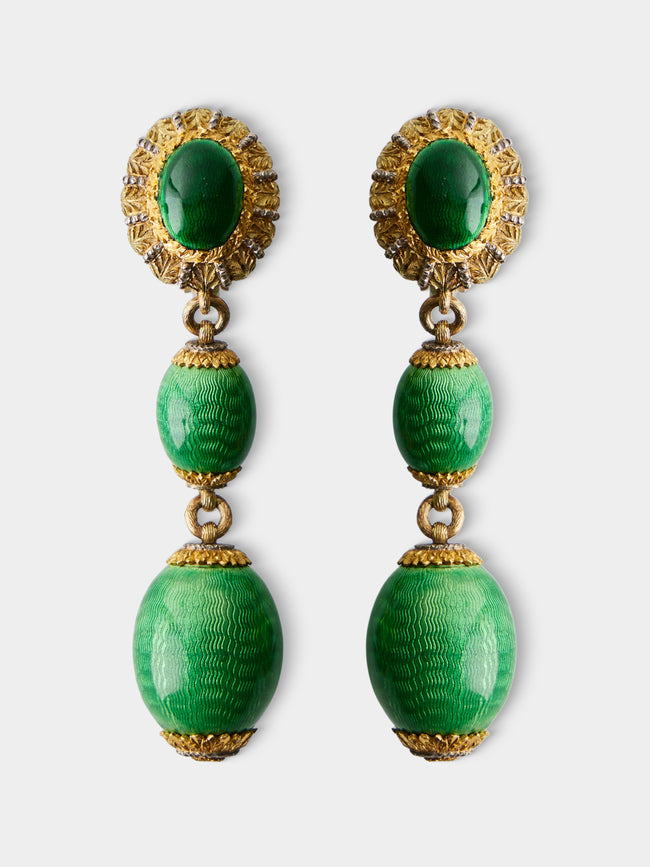 Mahnaz Collection - Vintage 18-Karat Gold Guilloché Enamel Drop Earrings - Green - ABASK - 