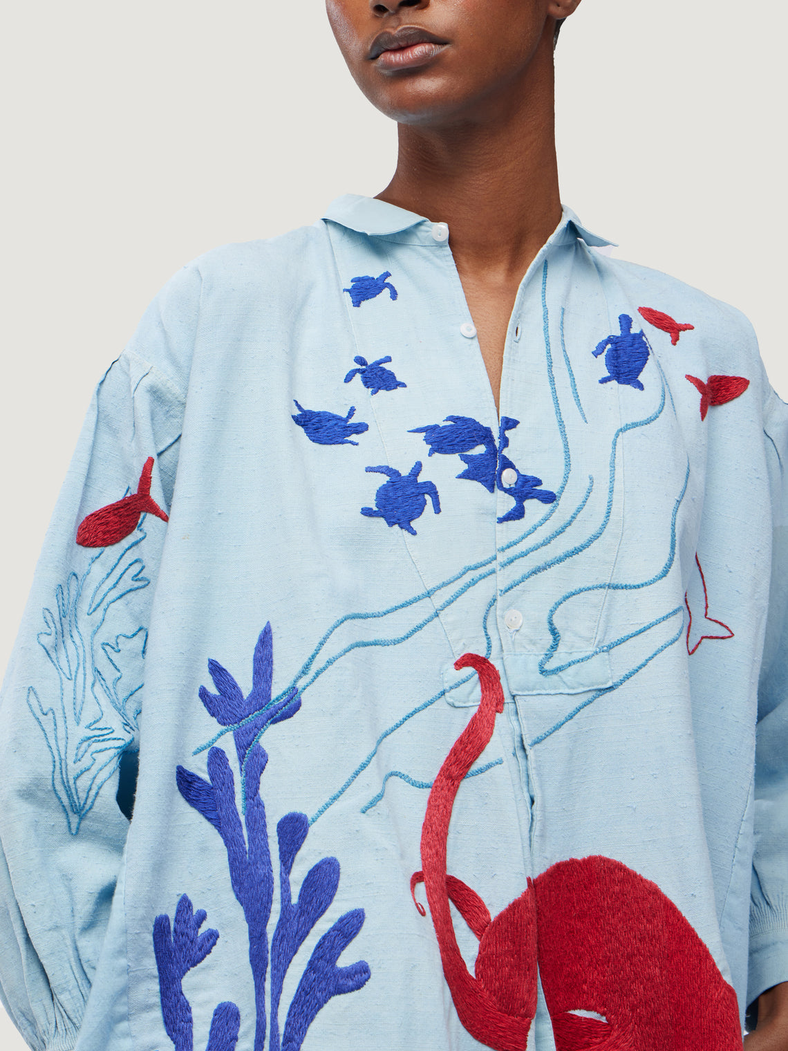 Kilometre Paris - The Sea Hand-Embroidered Linen Dress | One Size - Light blue - ABASK