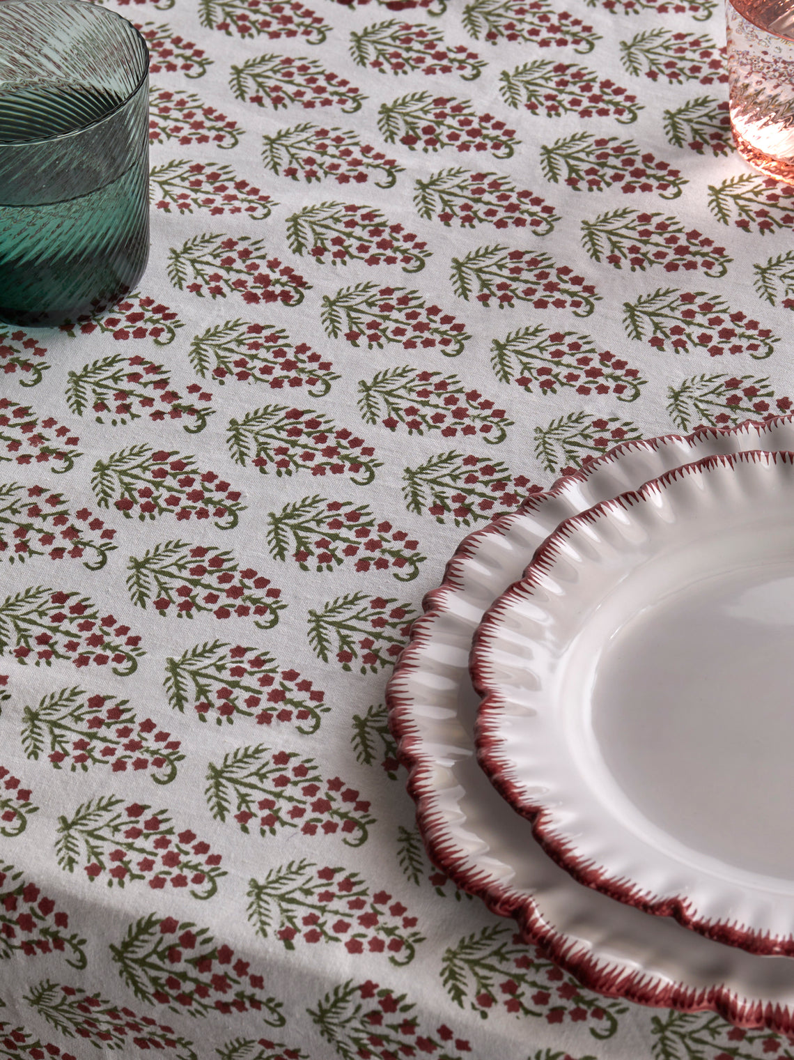 Chamois - Persian Paisley Block-Printed Cotton Rectangular Tablecloth (138in/3.5m) - Red - ABASK