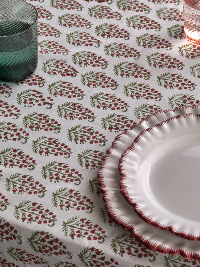 Chamois - Persian Paisley Block-Printed Cotton Rectangular Tablecloth (138in/3.5m) - Red - ABASK