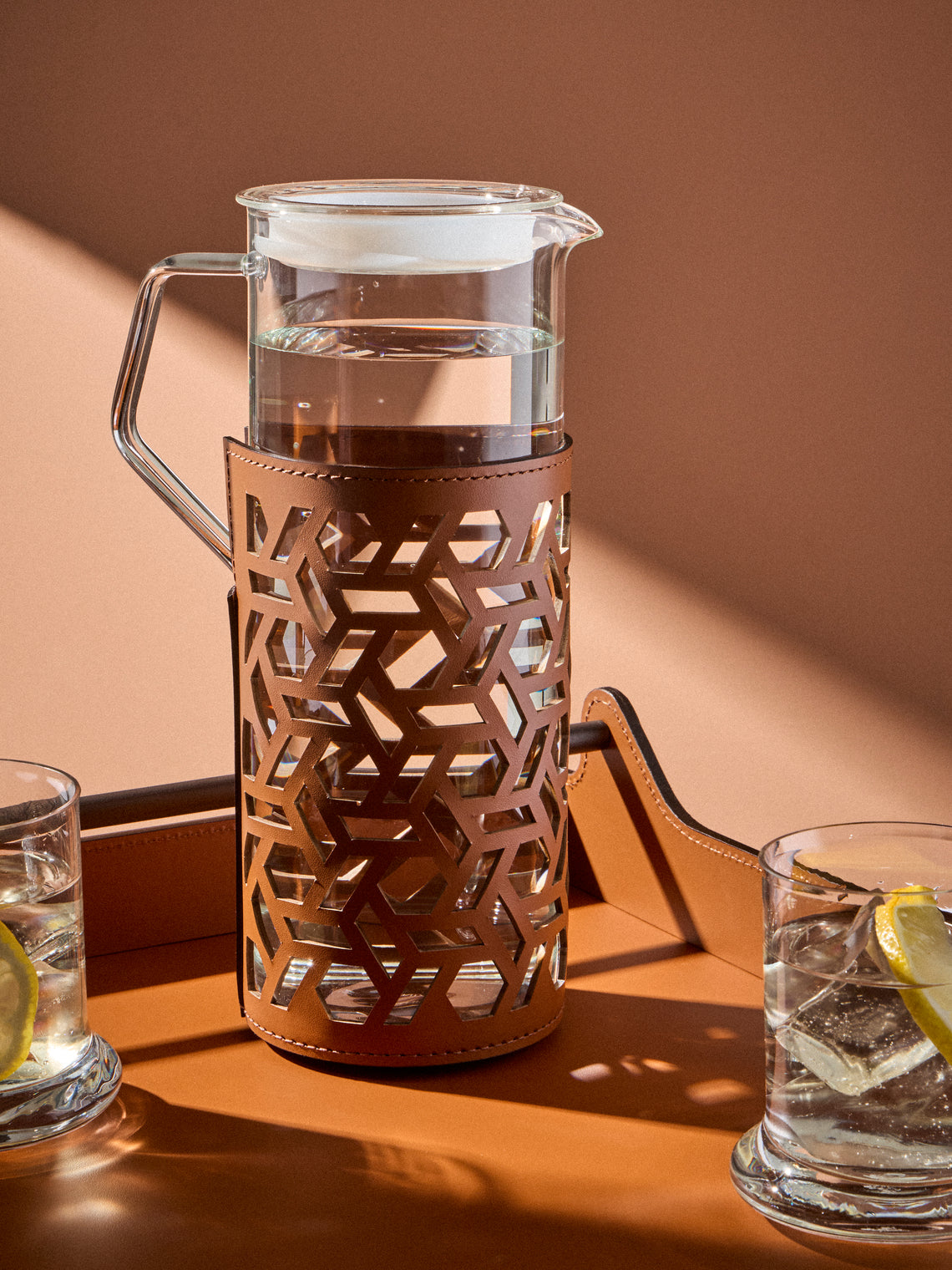 RUDI - Messina Leather and Glass Pitcher (42oz/1.2L) - Brown - ABASK