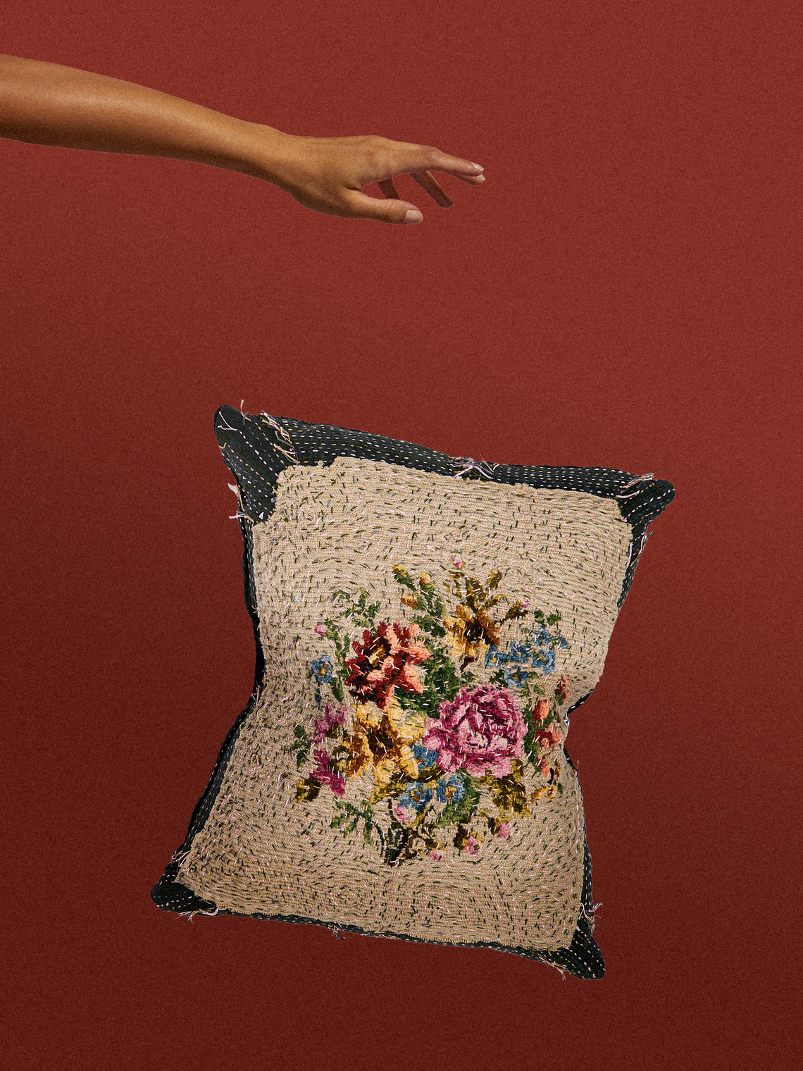 By Walid - 19th-Century Needlepoint Wool and French Marcella Cotton Pillow (23in/58cm) - Multiple - ABASK