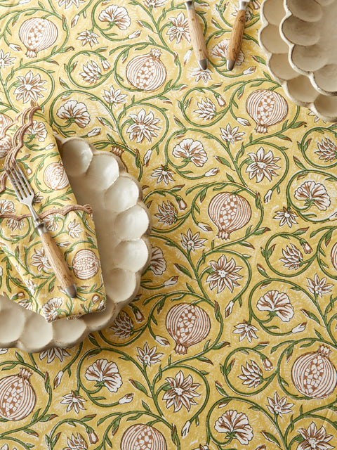 Chamois - Tangier Pomegranate Block-Printed Cotton Rectangular Tablecloth (90.5in/2.3m) - Yellow - ABASK