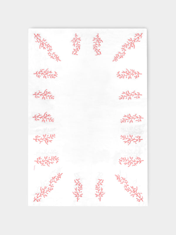 Loretta Caponi - Coral Hand-Embroidered Linen Rectangular Tablecloth -  - ABASK - 