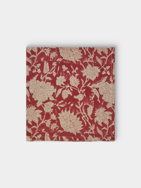 Chamois - | Set of 4 | Indian Rose Block-Printed Linen Napkins - Red - ABASK - 