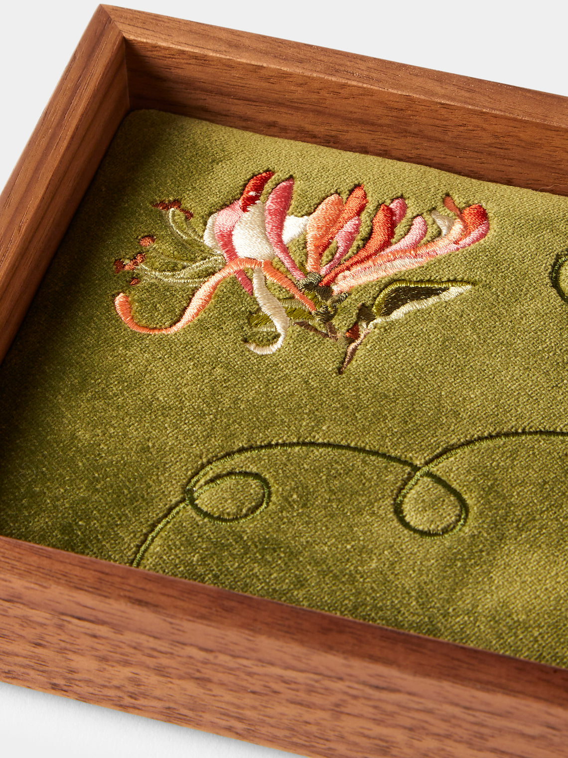 Uncommon Ancestor - Floriography Honeysuckle Embroidered Velvet Jewelry Tray (6.5in/17cm) - Green - ABASK