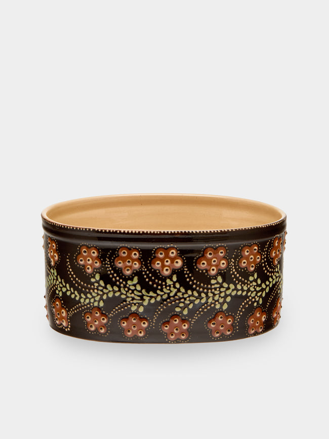 Poterie d’Évires - Flowers Hand-Painted Ceramic Oval Serving Dish - Dark brown - ABASK - 
