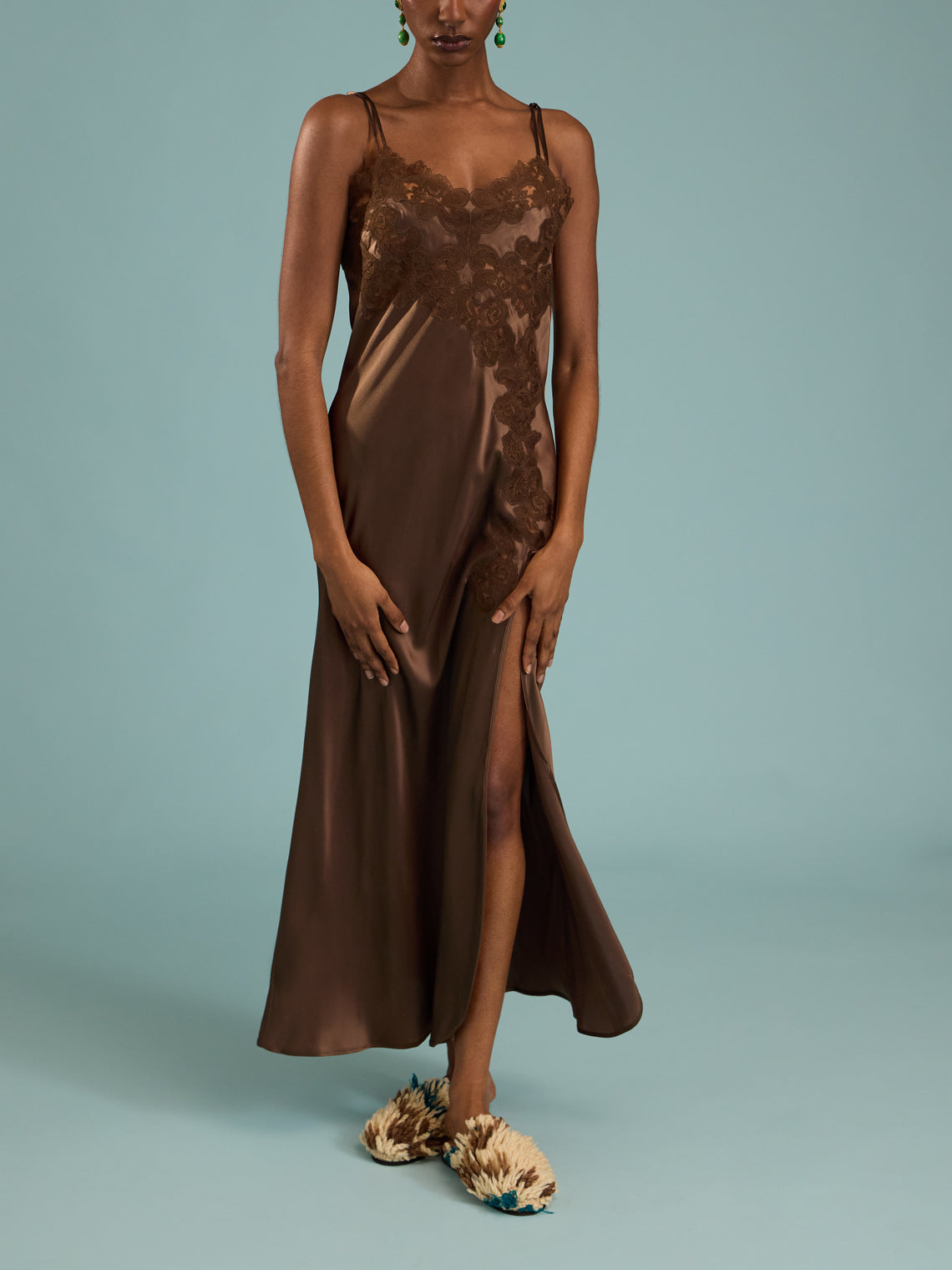 Loretta Caponi - Giadeite Silk and Lace Long Dress | Size: XS - Brown - ABASK