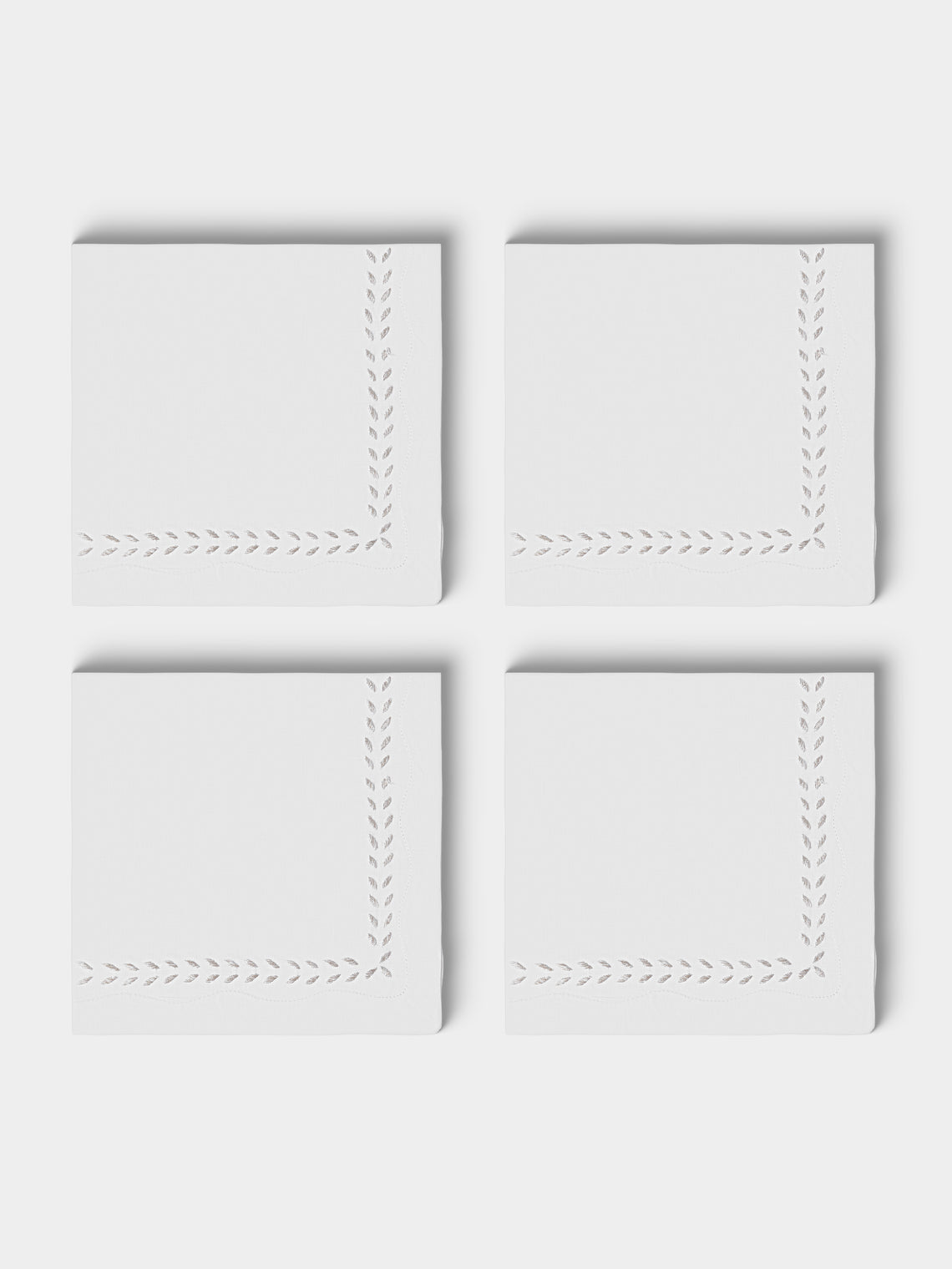 ERI Textiles - | Set of 4 | Marie Silver Hand-Embroidered Linen Napkins - White - ABASK - 