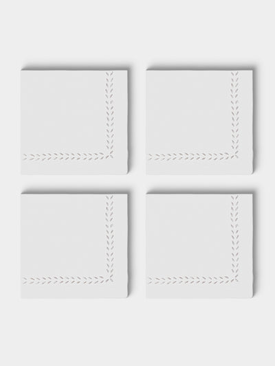 ERI Textiles - | Set of 4 | Marie Silver Hand-Embroidered Linen Napkins - White - ABASK - 