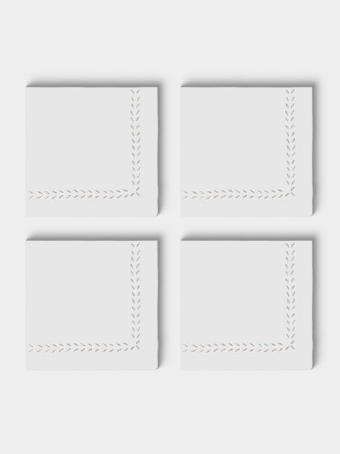 ERI Textiles - | Set of 4 | Marie Silver Hand-Embroidered Linen Napkins - White - ABASK - 