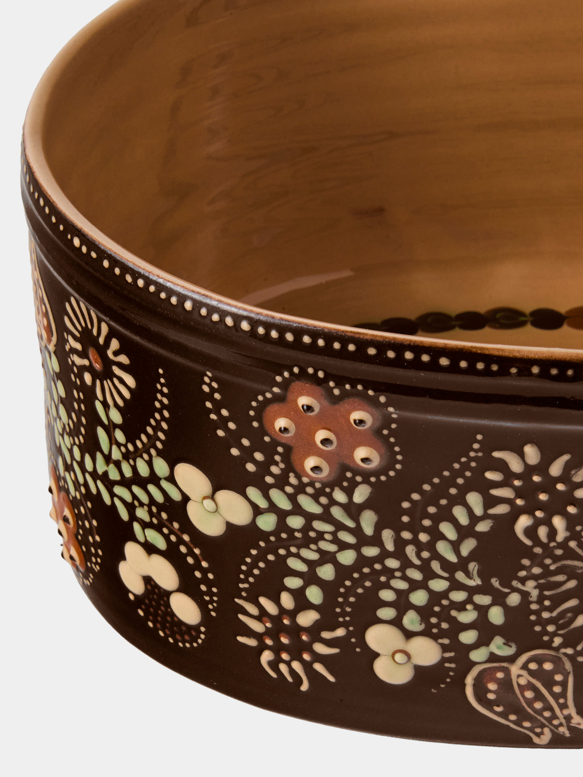 Poterie d’Évires - Flowers Hand-Painted Ceramic Oval Dish - Dark Brown - ABASK