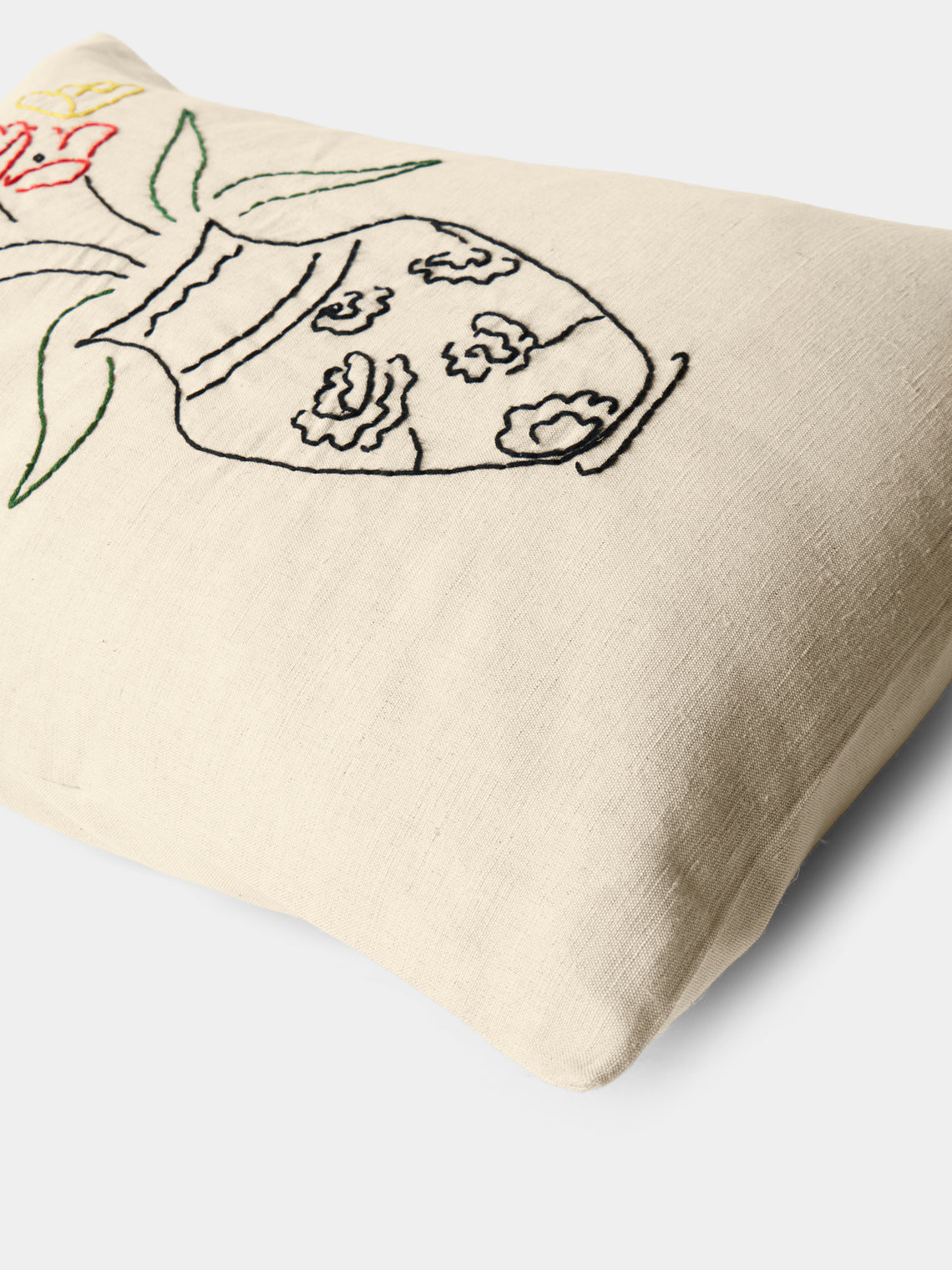 Oeuvres Sensibles - Vase Hand-Embroidered Cotton and Hemp Linen Cushion (15.5in/40cm) - Cream - ABASK