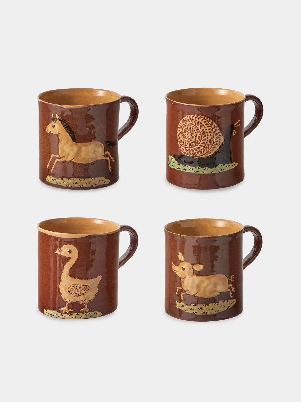 Poterie d’Évires - Animals Hand-Painted Ceramic Mugs (Set of 4) - Light Brown - ABASK - 