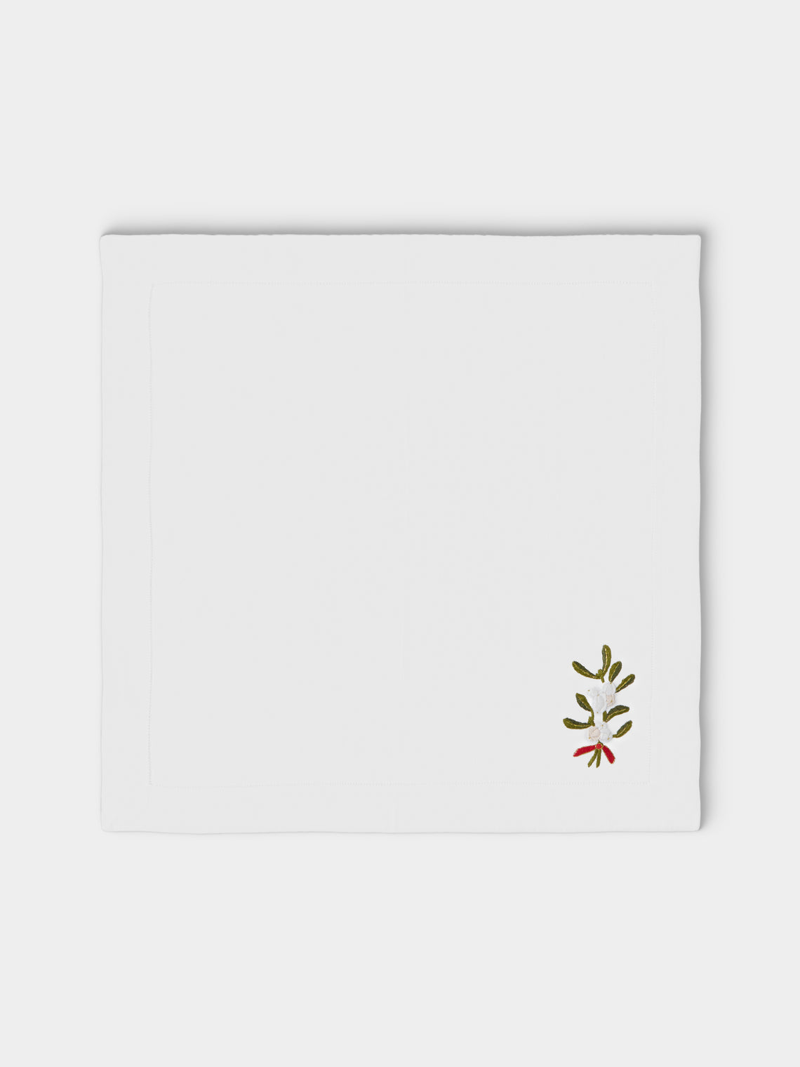 ERI Textiles - | Set of 4 | Mistletoe Bunch Hand-Embroidered Linen Napkins - White - ABASK