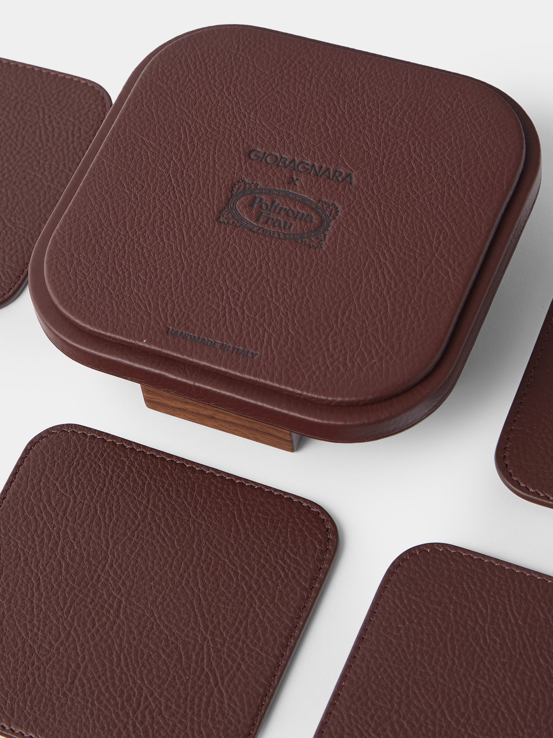 Giobagnara x Poltrona Frau - Leather and Walnut Coasters with Holder (Set of 6) - Burgundy - ABASK