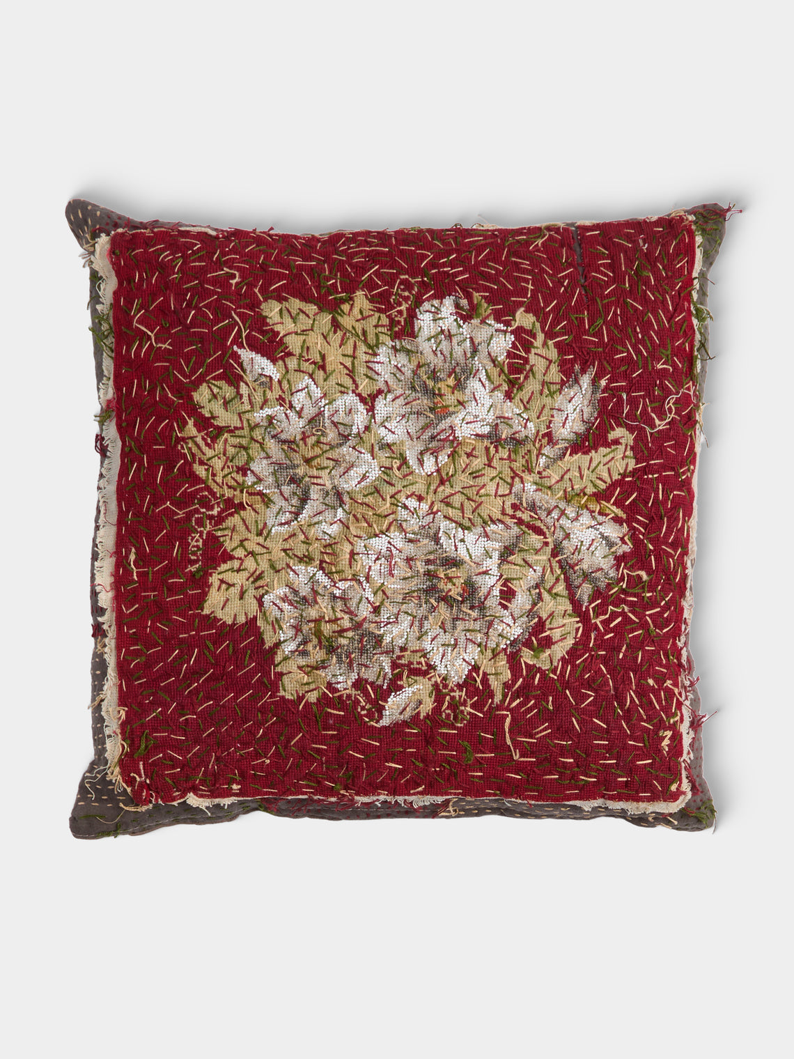 By Walid - 19th-Century Beaded Needlepoint Wool and Linen Cushion (17.5in/45cm) - Multiple - ABASK - 
