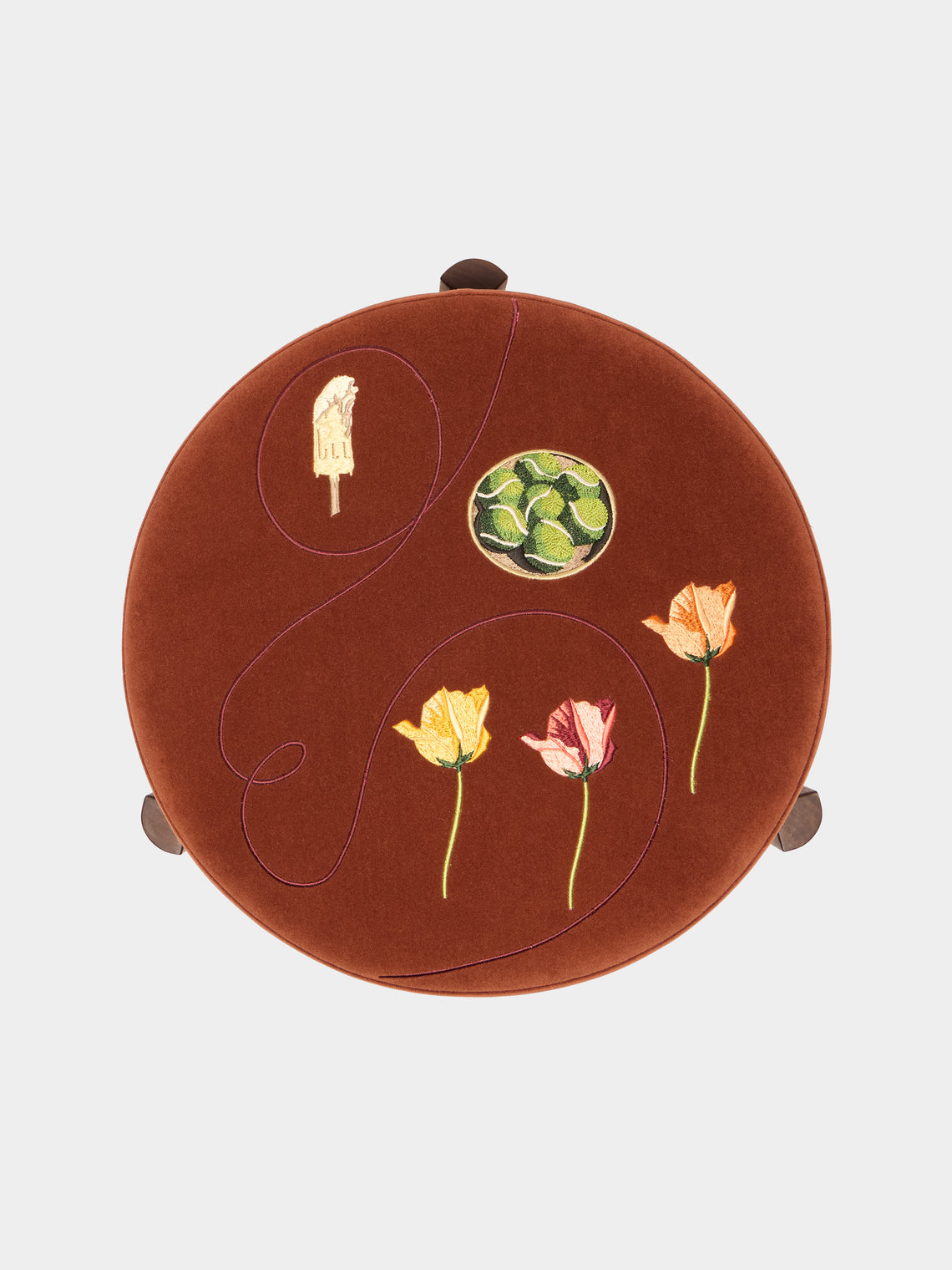 Uncommon Ancestor - Garden Party Embroidered Velvet Round Footstool - Red - ABASK