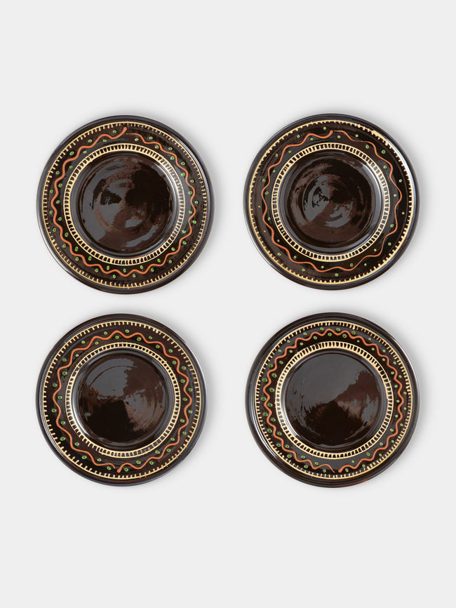 Poterie de Cliousclat - Hand-Painted Slipware Salad / Dessert Plates – 8in/21.5cm (Set of 4) - Black - ABASK
