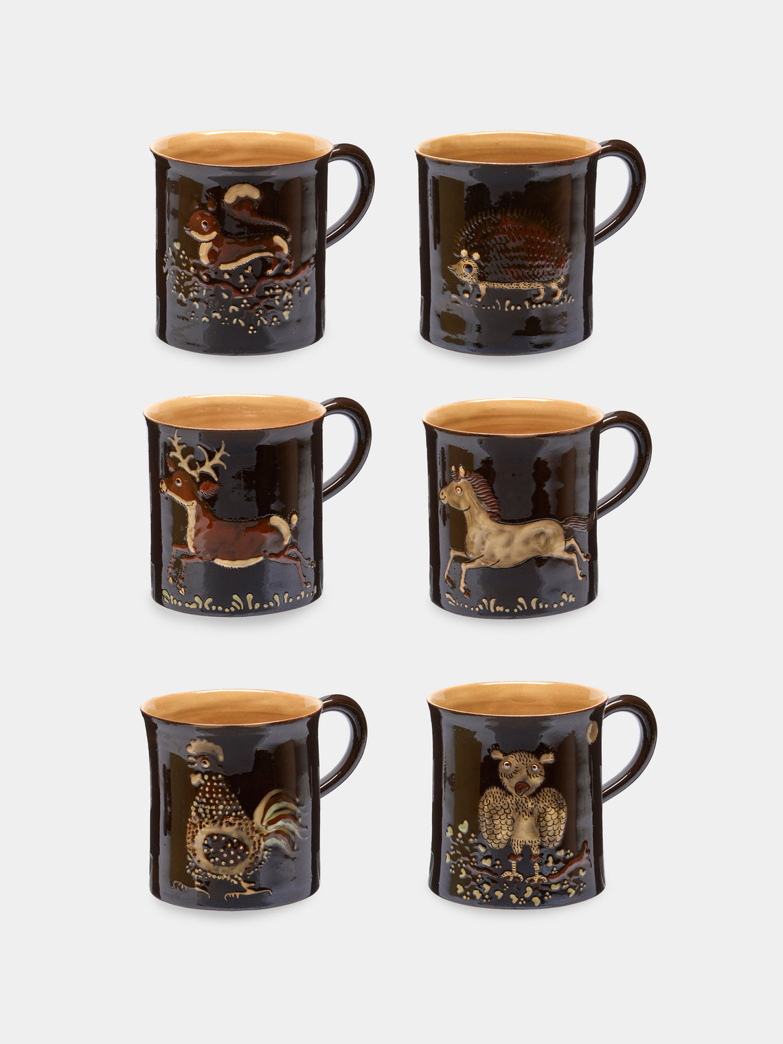 Poterie d’Évires - Animals Hand-Painted Ceramic Mugs (Set of 6) - Dark brown - ABASK - 
