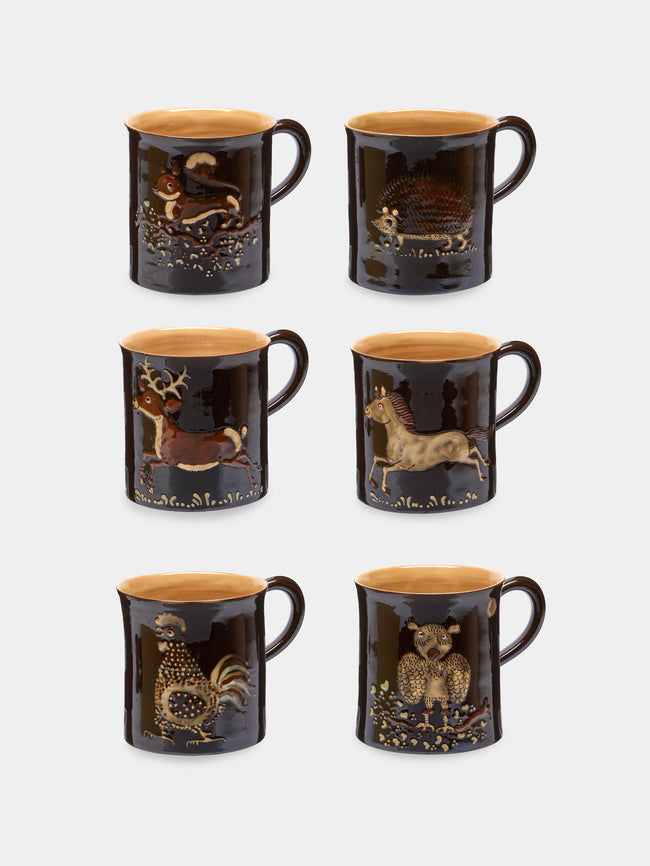 Poterie d’Évires - Animals Hand-Painted Ceramic Mugs (Set of 6) - Dark brown - ABASK - 