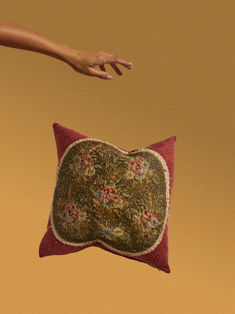 By Walid - 19th-Century Metallic Brocade Wool and Damask Cushion (17.5in/45cm) - Multiple - ABASK