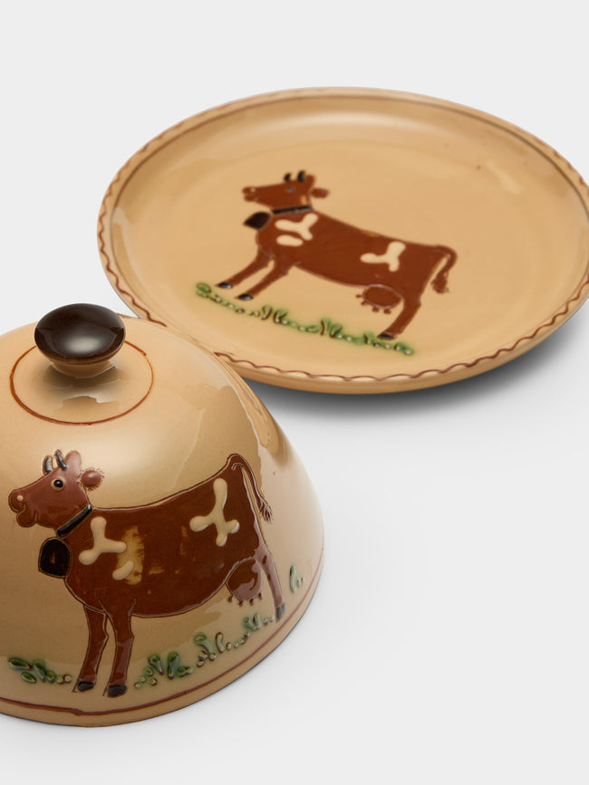 Poterie d’Évires - Cows Hand-Painted Ceramic Large Lidded Butter Dish - Cream - ABASK