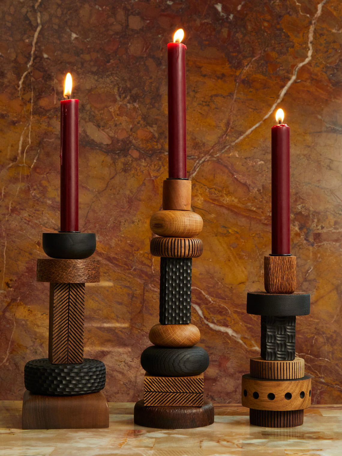 Lucas Castex - Hand-Engraved Wood Candlesticks (Set of 3) -  - ABASK