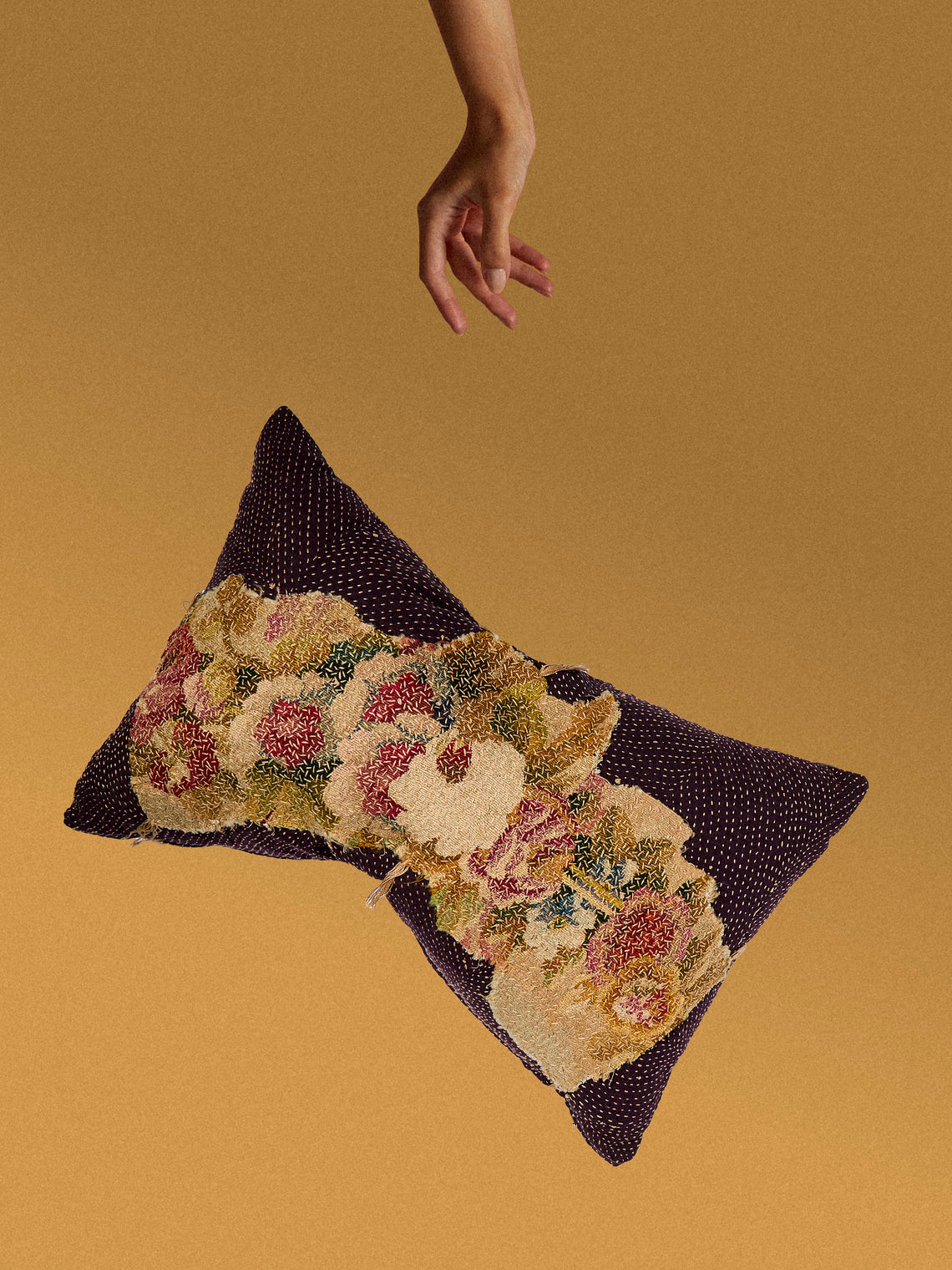 By Walid - 18th-Century French Aubusson Tapestry Linen and Damask Pillow (27.5in/70cm) - Multiple - ABASK