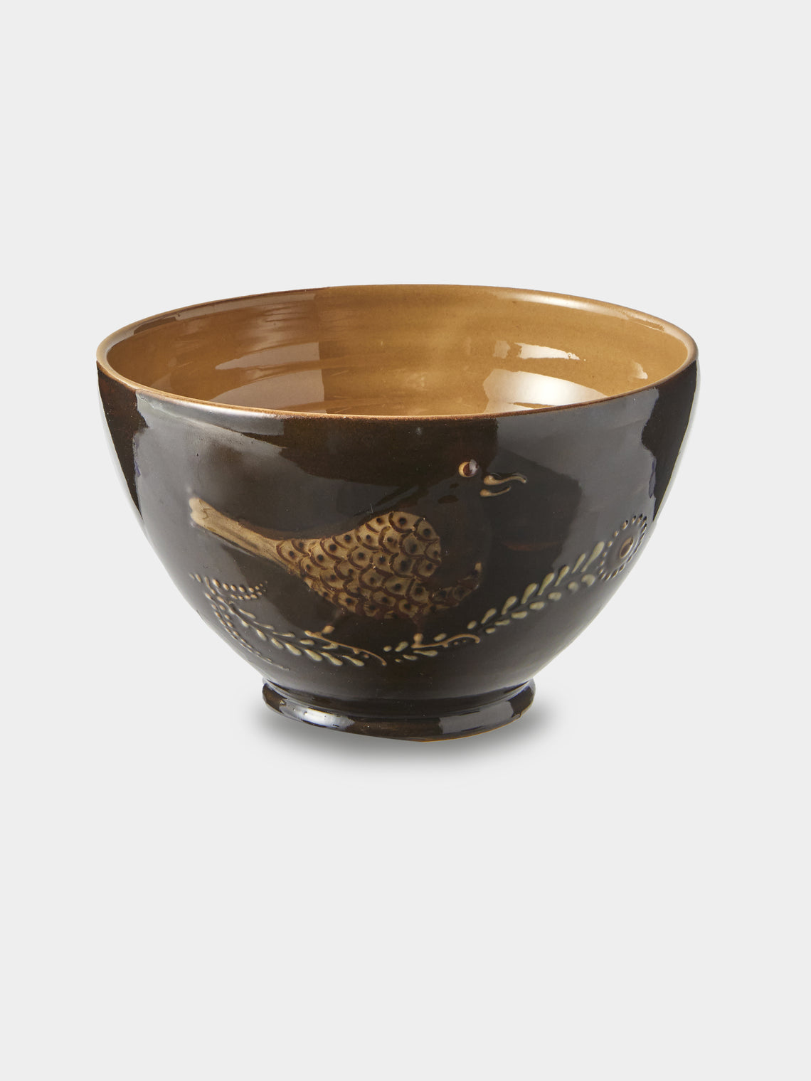 Poterie d’Évires - Birds and Flowers Hand-Painted Ceramic Grand Bowls (Set of 4) - Dark Brown - ABASK