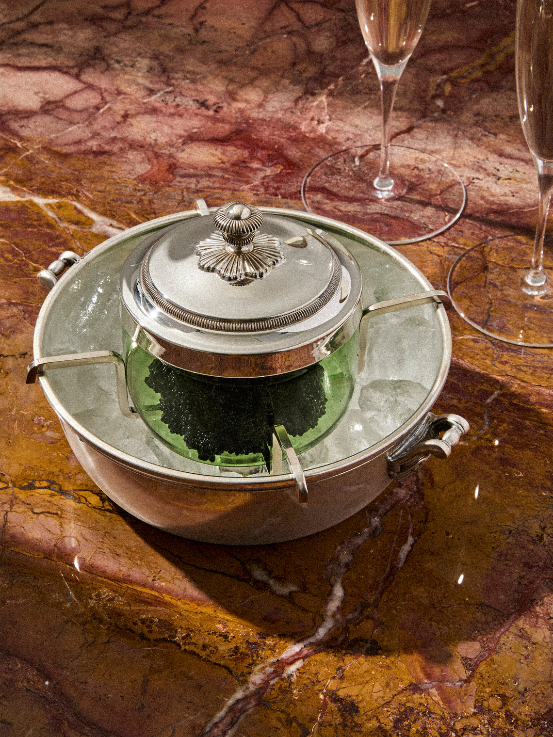 Antique and Vintage - 1980s Christofle Malmaison Silver-Plated and Glass Caviar Dish - Green - ABASK