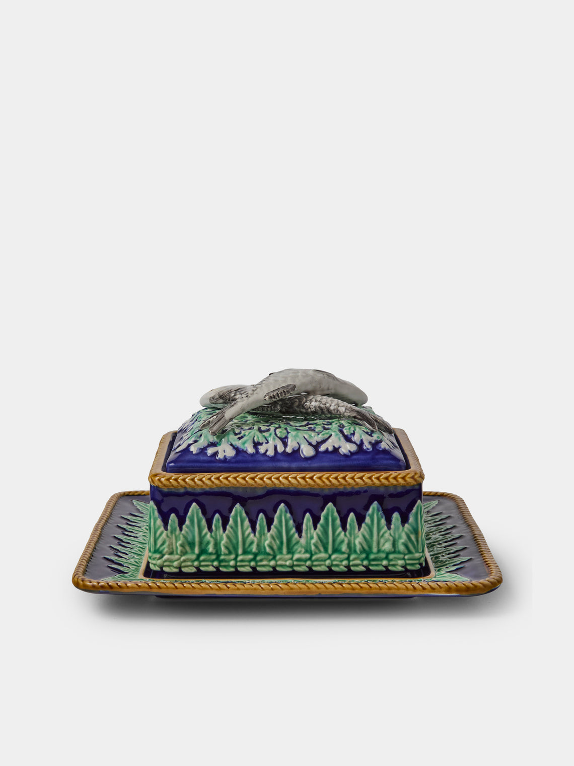 Verdolini - Fish Hand-Painted Majolica Ceramic Box with Stand - Navy - ABASK - 