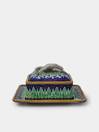 Verdolini - Fish Hand-Painted Majolica Ceramic Box with Stand - Navy - ABASK - 