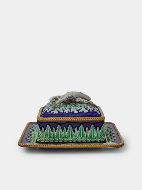 Verdolini - Fish Hand-Painted Majolica Ceramic Box with Stand - Navy - ABASK - 