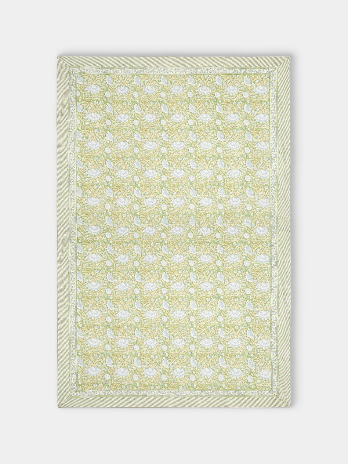 Chamois - The Garden of Mathilde Block-Printed Cotton Rectangular Tablecloth (90.5in/2.3m) - Green - ABASK