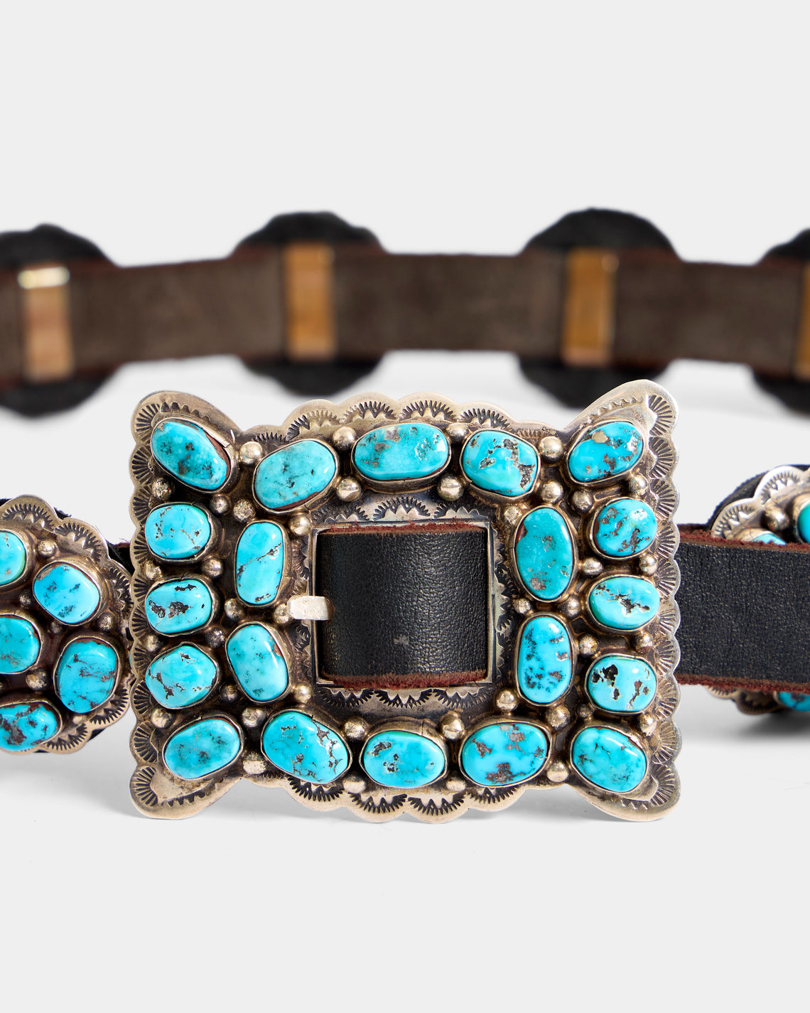Mahnaz Collection - Women's Vintage 1990 Dan Martinez Navajo Concho Sterling Silver, Turquoise and Leather Belt - Brown - ABASK