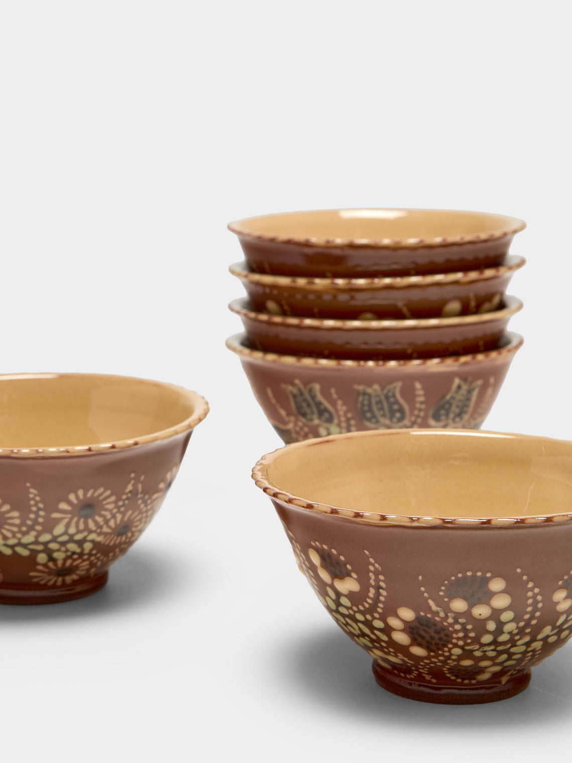 Poterie d’Évires - Flowers Hand-Painted Ceramic Petite Fluted Bowls (Set of 6) - Light brown - ABASK