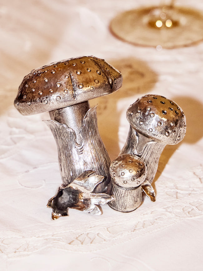 Orto Argenteo - | Set of 2 | Mushroom Sterling Silver Large Salt and Pepper Shakers - Silver - ABASK