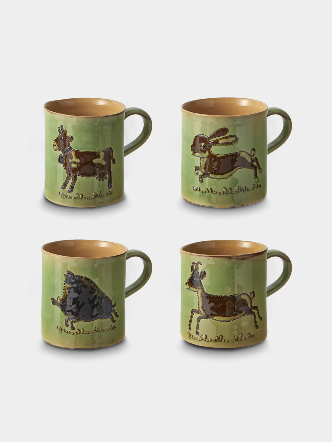 Poterie d’Évires - Animals Hand-Painted Ceramic Mugs (Set of 4) - Green - ABASK - 